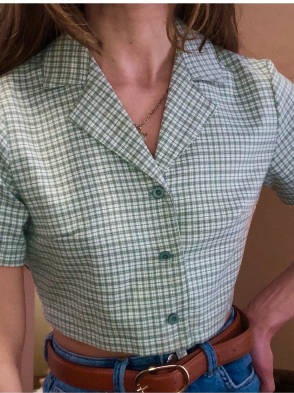 Brandy Melville Green Plaid Cropped Button-Down Shirt